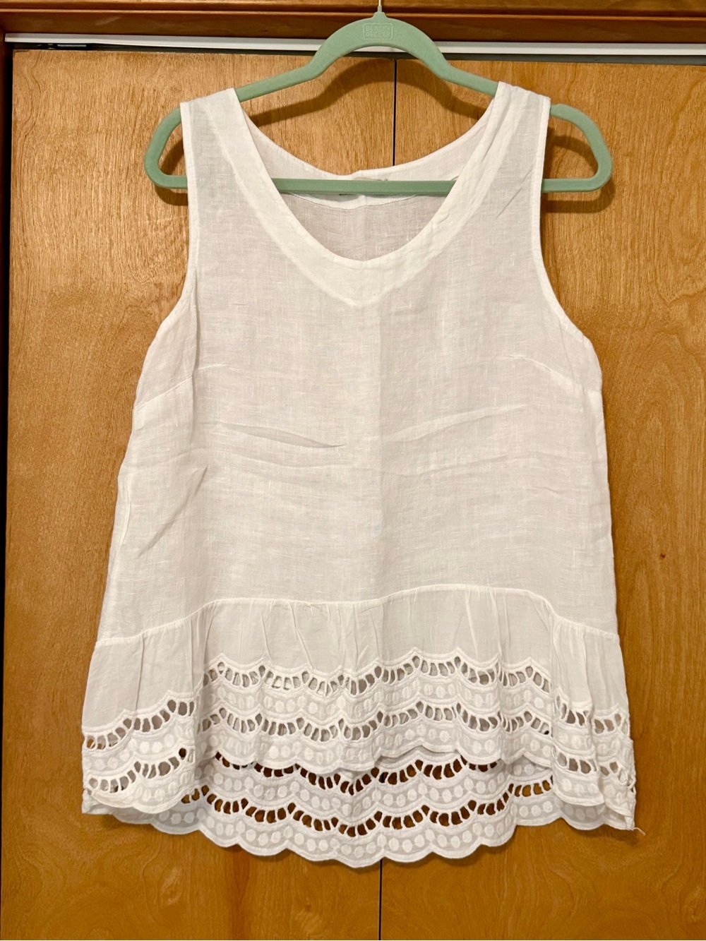 White Linen Tank Top with Scalloped Lace Hem